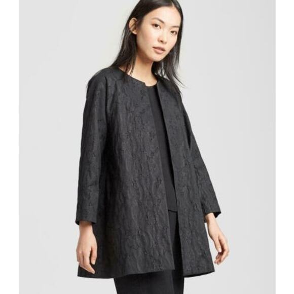 EILEEN FISHER NWT Black Shimmer Jacquard Long Open-Front Jacket // S - Picture 1 of 16